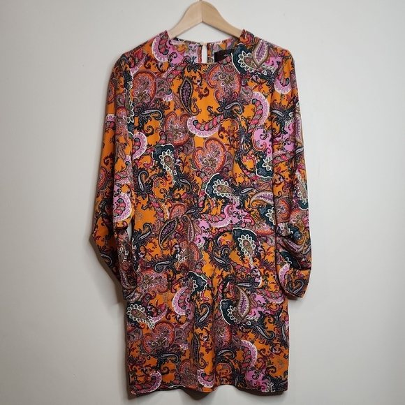 Retro Print Orange and Pink Long Sleeve Mini Dress Women Size M - Picture 1 of 6